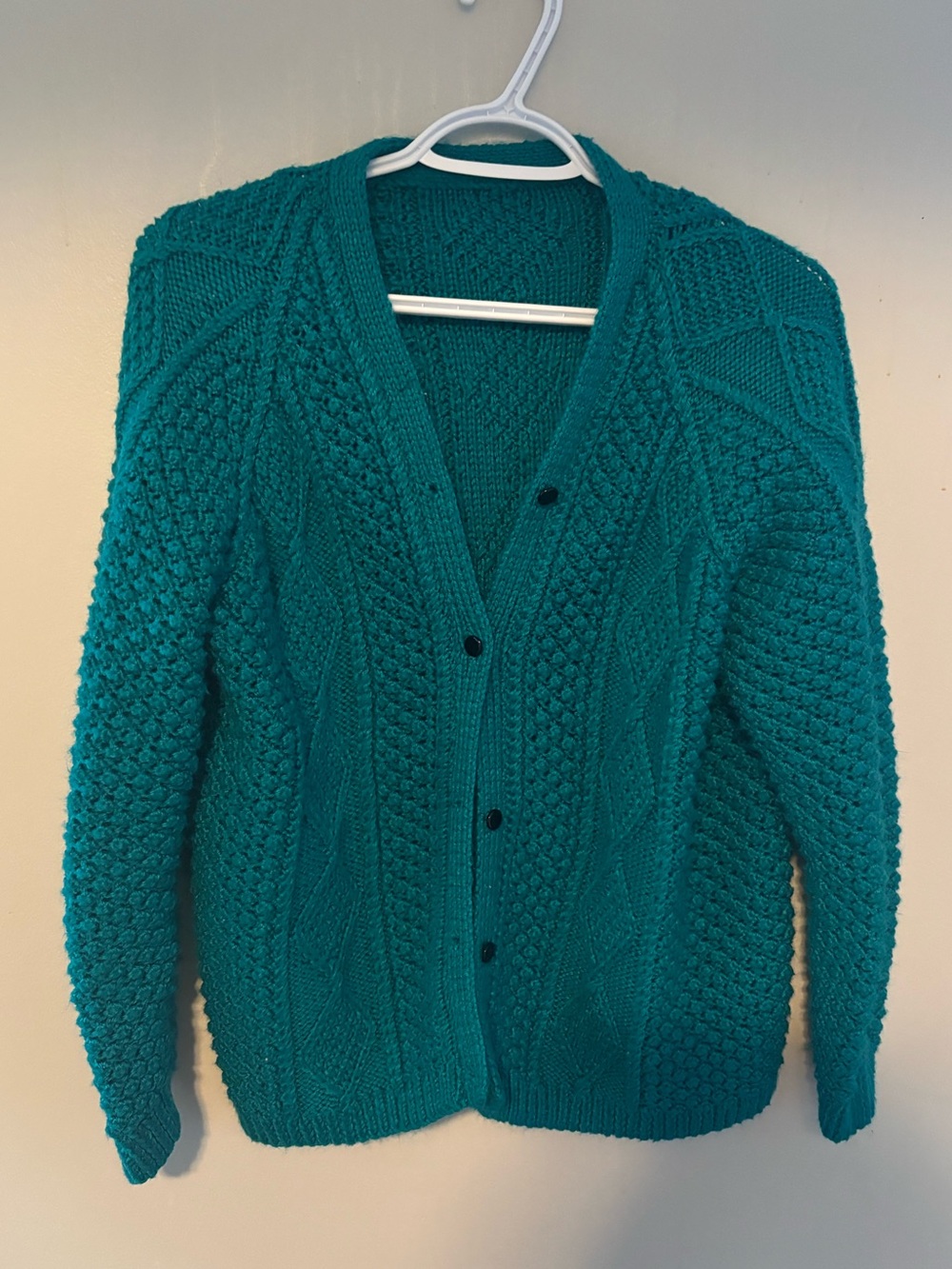 Vintage Handmade Chunky Fisherman Cottagecore Boho Knit Teal Cardigan Large - Picture 2 of 5